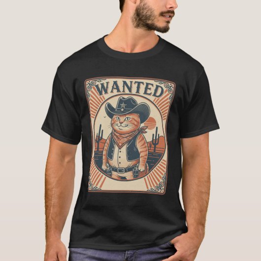 ウェスタンキャット 指名手配, 面白い ビンテージ キャット, Tシャツ (正面)