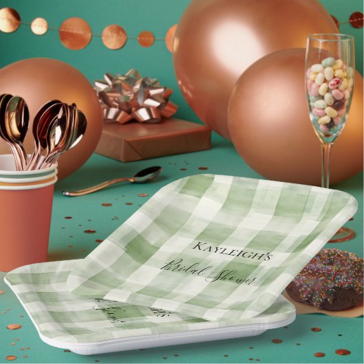 ウェスタングリーン・クリームチェックストライプのブライズシャワー ペーパープレート (複数)