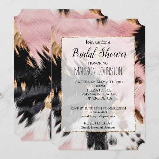 ウェスタンコウガール ピンク 黒 白 ゴールドカウハイド 招待状 (正面/裏面)