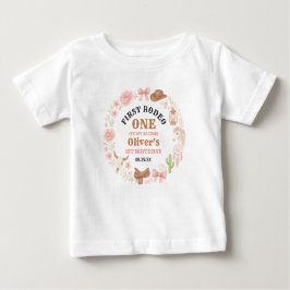 ウェスタンコケッティカウガール1歳誕生日かわいいピンク ベビーTシャツ