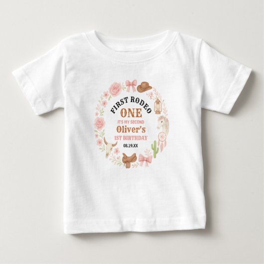 ウェスタンコケッティカウガール1歳誕生日かわいいピンク ベビーTシャツ (正面)