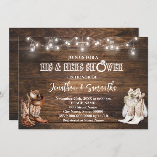 ウェスタンザーズと彼女のウェディングシャワーカウボーイブーツ 招待状 (正面/裏面)