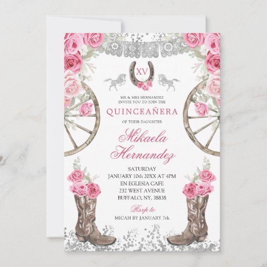 ウェスタンシルバー ピンク ローズ チャラ キンセアニエラ 招待状 (正面)