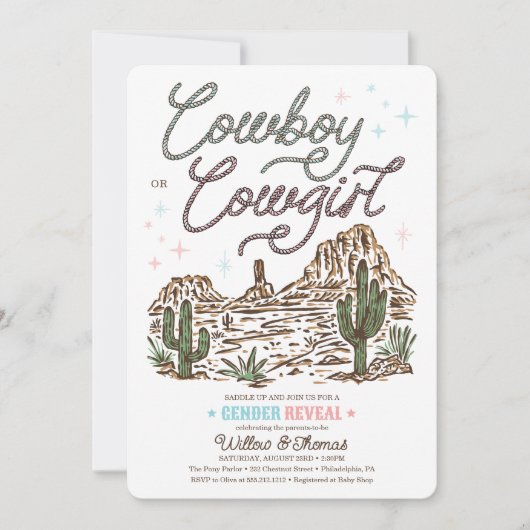 ウェスタンジェンダーがシャワーのカウボーイまたは女性のカーボーイを明らかにする 招待状 (正面)