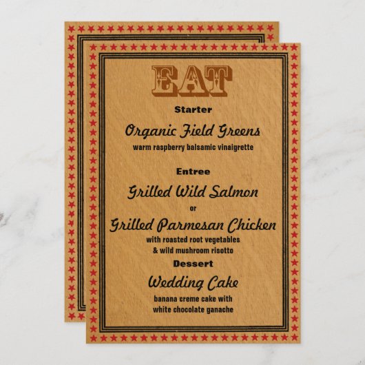 ウェスタンスタイルのレセプションパーティ・ディナーメニュー 招待状 (正面/裏面)