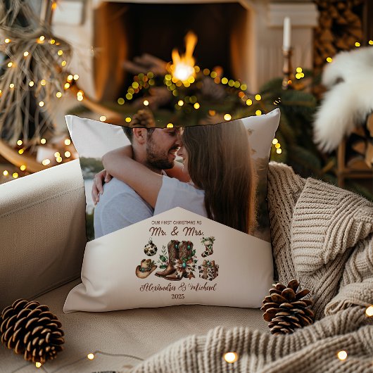 ウェスタンスタイルの初めてのクリスマス 写真 ミセスとミスター クッション