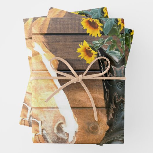 ウェスタンスタイルウマとカウボーイブーツひまわり花 ラッピングペーパーシート (インサイチュ)