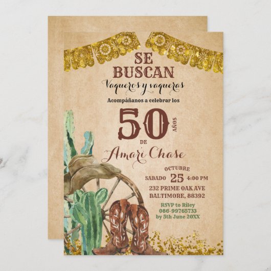 ウェスタンスペインのカウボーイ誕生日招待状 招待状 (正面/裏面)