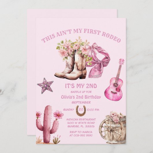 ウェスタンセカンドロデオボーズピンク女性のカーボーイ誕生日 招待状 (正面/裏面)
