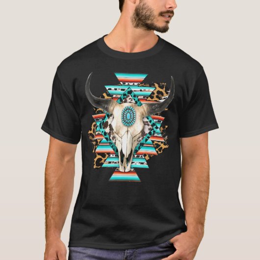 ウェスタンセラペ アステカ 牛のドクロ 牛の頭蓋骨 カウガール Tシャツ (正面)