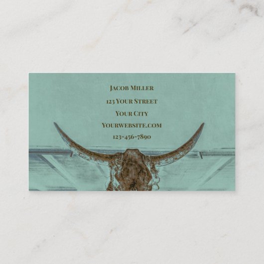 ウェスタンティール(緑がかった色)ブラウンカントリーブルカウカウズスカルバーン 名刺 (裏面)
