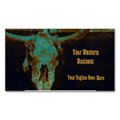 ウェスタンティール(緑がかった色)ブラウン金ゴールド素朴ヴィンテージブルスカル マグネット名刺 (正面)