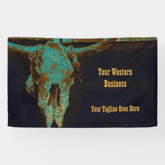 ウェスタンティール（緑がかった色）ブラウン金ゴールド素朴ヴィンテージブルスカル 横断幕 (横)