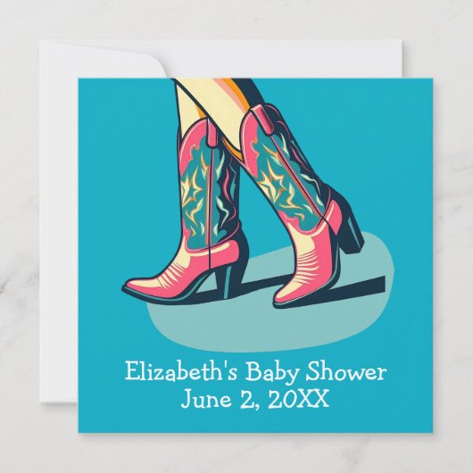ウェスタンテーマのコウガールブーツベイビーシャワー 招待状 (正面)