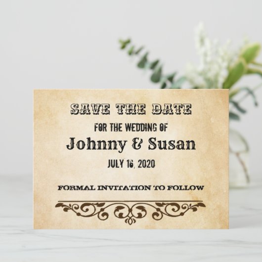 ウェスタンテーマウェディング日付カードを保存 セーブザデート (スタンド正面)