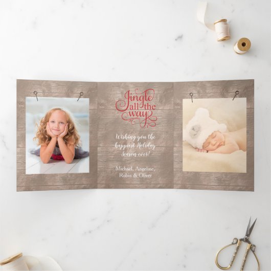 ウェスタンテーマウッド4写真テンプレートクリスマス 三つ折りクリスマスカード (内部)