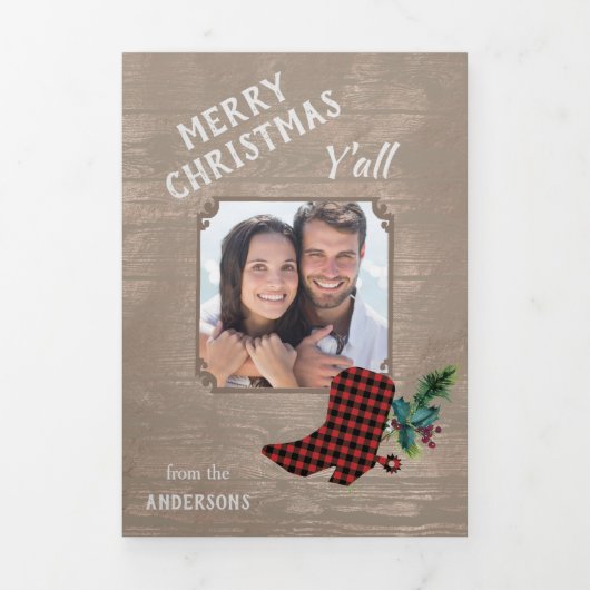 ウェスタンテーマウッド4写真テンプレートクリスマス 三つ折りクリスマスカード (カバー)