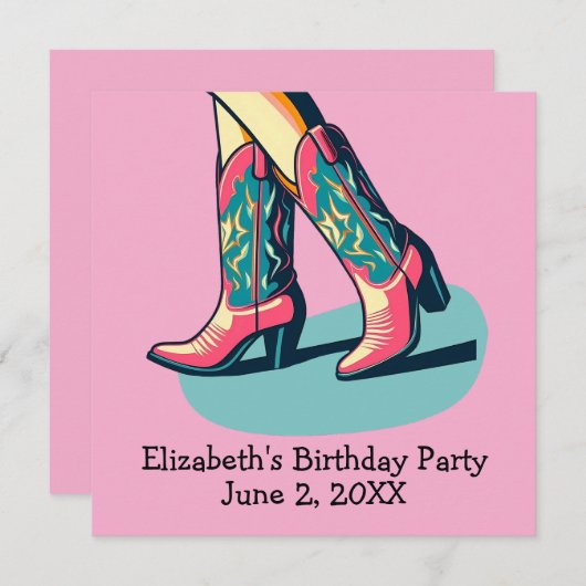 ウェスタンテーマ女性のカーボーイブーツガールバースデーパーティー 招待状 (正面/裏面)