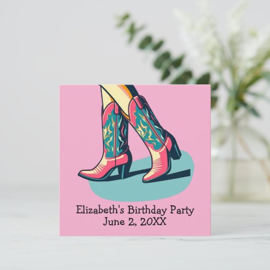 ウェスタンテーマ女性のカーボーイブーツガールバースデーパーティー 招待状 (スタンド正面)