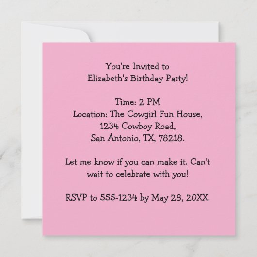 ウェスタンテーマ女性のカーボーイブーツガールバースデーパーティー 招待状 (裏面)