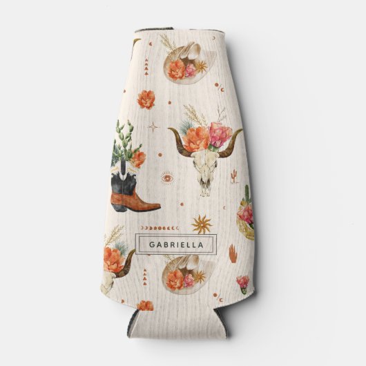 ウェスタンデザートカクタスカウボーイ帽子パーソナライズドネーム ボトルクーラー (正面)