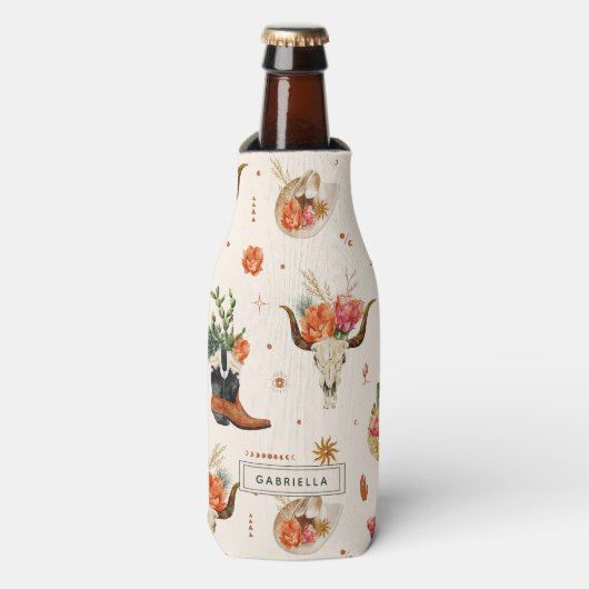ウェスタンデザートカクタスカウボーイ帽子パーソナライズドネーム ボトルクーラー (ボトル正面)