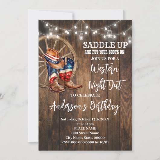 ウェスタンナイトアウトカウボーイ愛国的誕生日 招待状 (正面)