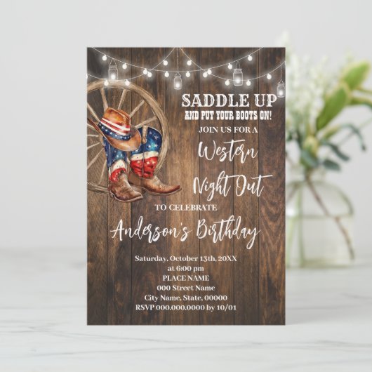ウェスタンナイトアウトカウボーイ愛国的誕生日 招待状 (スタンド正面)