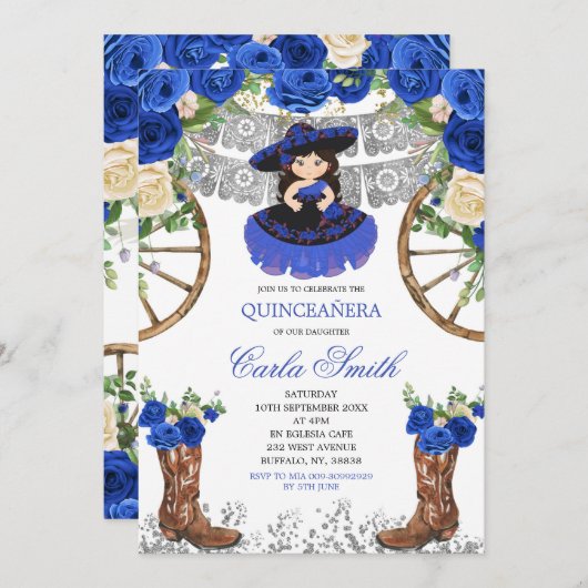 ウェスタンネイビーブルー&シルバーチャラ15アノス 招待状 (正面/裏面)