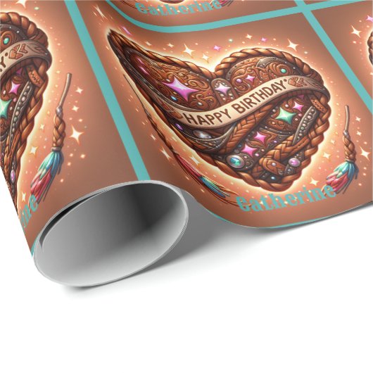 ウェスタンハッピーバースデーレザープリントカスタムハート ラッピングペーパー (ロールコーナー)