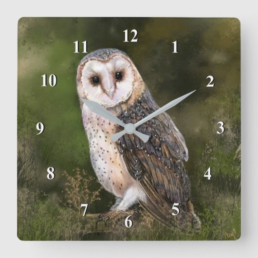 ウェスタンバーンフクロウ – ミグンウォーター絵画カラーの芸術 スクエア壁時計 (正面)