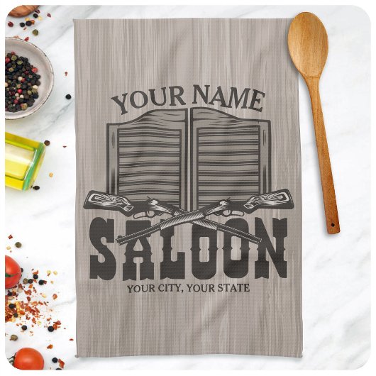 ウェスタンパーソナライズされたライフルガンオールドサロンバー キッチンタオル