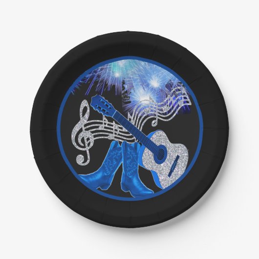 ウェスタンパーティーギターとブルーカウボーイブーツプレート ペーパープレート (正面)