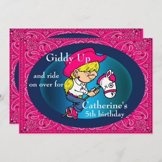ウェスタンパーティーマンガ女性のカーボーイオンスティックホース 招待状 (正面/裏面)
