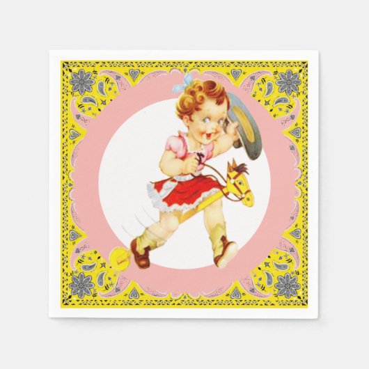 ウェスタンパーティーリトル女性のカーボーイオンスティックホース スタンダードカクテルナプキン (正面)