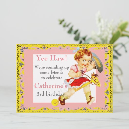 ウェスタンパーティーリトル女性のカーボーイオンスティックホース 招待状 (スタンド正面)