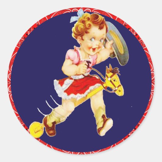 ウェスタンパーティー女性のカーボーイオンスティックウマのステッカー ラウンドシール (正面)