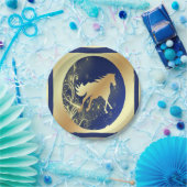 ウェスタンパーティー金ゴールドホースオンブルーと金ゴールドプレート ペーパープレート (パーティー)