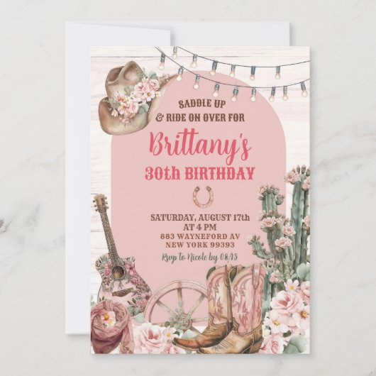 ウェスタンピンクブーツ女性のカーボーイ誕生日パーティー 招待状 (正面)