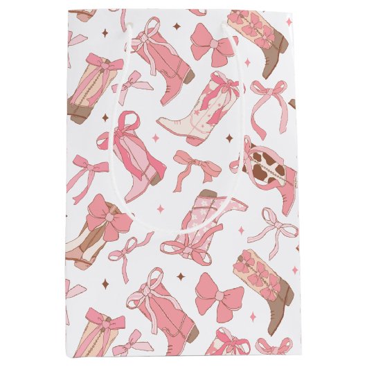 ウェスタンピンクロデオブーツにリボンの ブライダルシャワー ミディアムペーパーバッグ (正面)