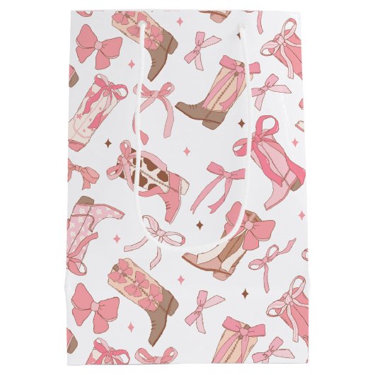 ウェスタンピンクロデオブーツにリボンの ブライダルシャワー ミディアムペーパーバッグ (裏面)