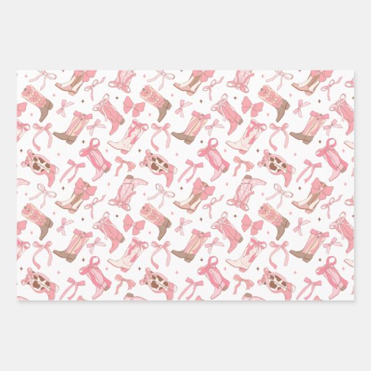 ウェスタンピンクロデオブーツにリボン ブライダルシャワー ラッピングペーパーシート (正面)