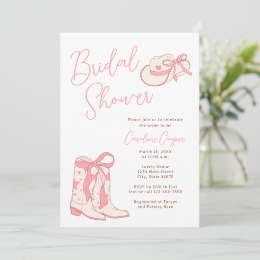 ウェスタンピンクロデオブーツウィズボーズブライダルシャワー 招待状 (スタンド正面)