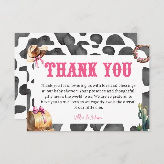 ウェスタンピンク女性のカーボーイベビーシャワー サンキューカード (正面/裏面)