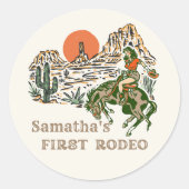 ウェスタンファースト女性のカーボーイ1stバースデーステッカー ラウンドシール (正面)