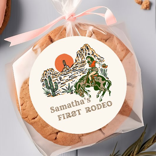 ウェスタンファースト女性のカーボーイ1stバースデーステッカー ラウンドシール