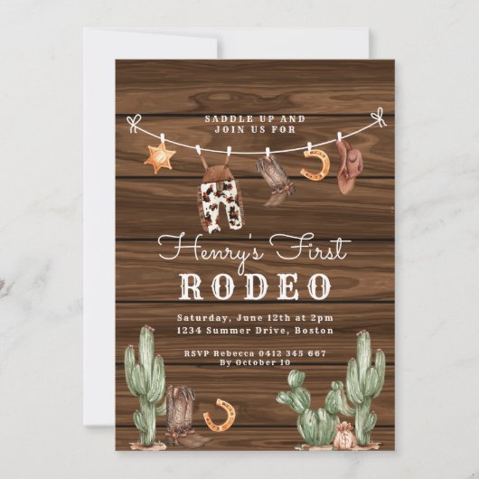 ウェスタンファースト・ロデオの木の写真カウボーイ誕生日 招待状 (正面)