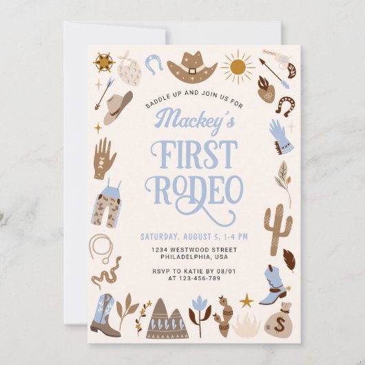 ウェスタンファーストRodeoワイルドウェストカウボーイブルー誕生日 招待状 (正面)