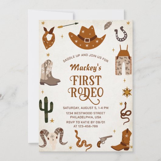 ウェスタンファーストRodeoワイルドウェストカウボーイ誕生日 招待状 (正面)