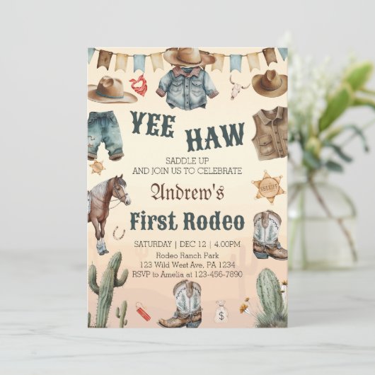 ウェスタンファーストRodeoワイルドウェストカウボーイ誕生日 招待状 (スタンド正面)